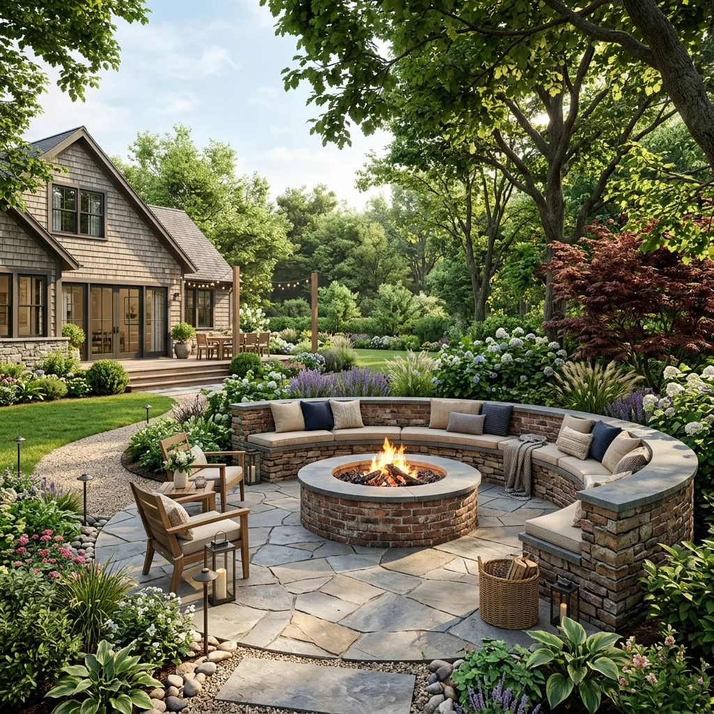 3D rendering of patio with brick firepit