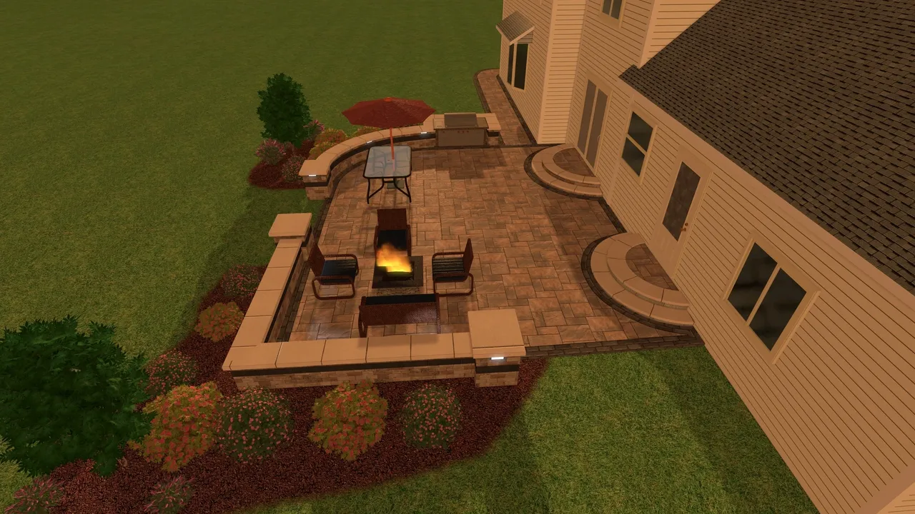 3D rendering of firepit patio from an alternate angle