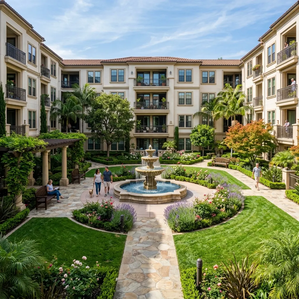 Upscale HOA courtyard with fountain and residents walking