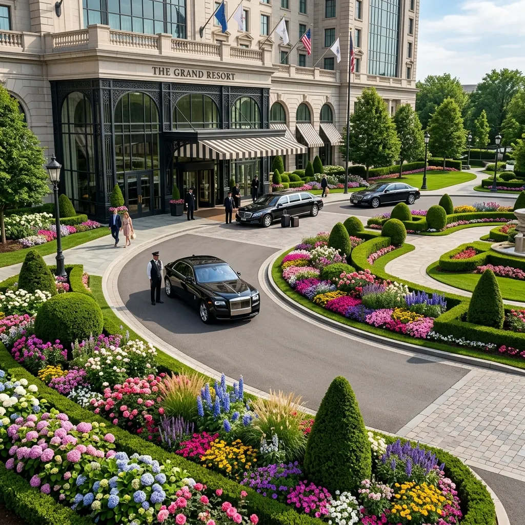 Luxury hotel circular driveway with vibrant flower beds