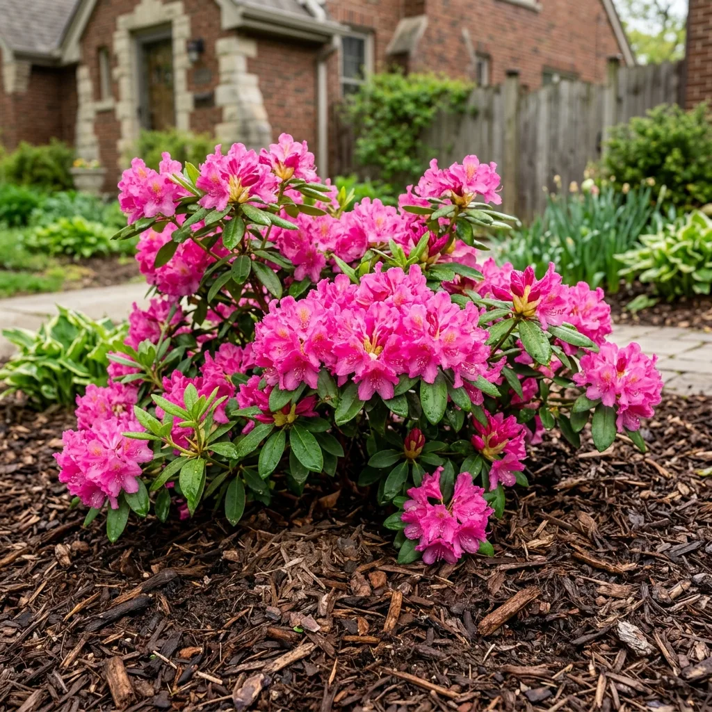 Flowering shrubs in mulch bed