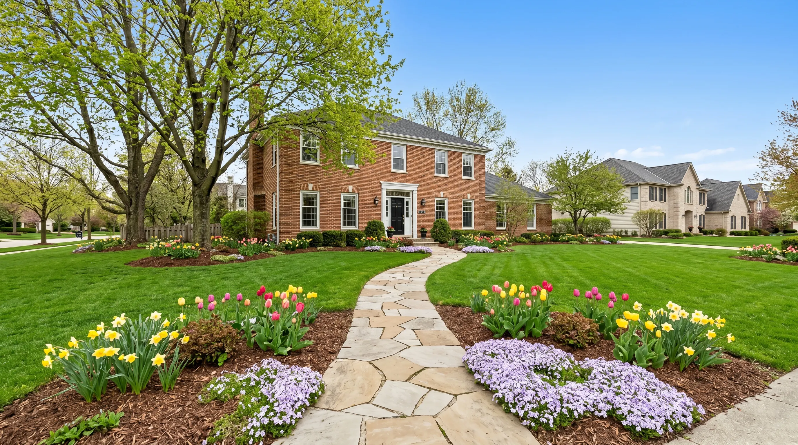 Spring front yard with flowers