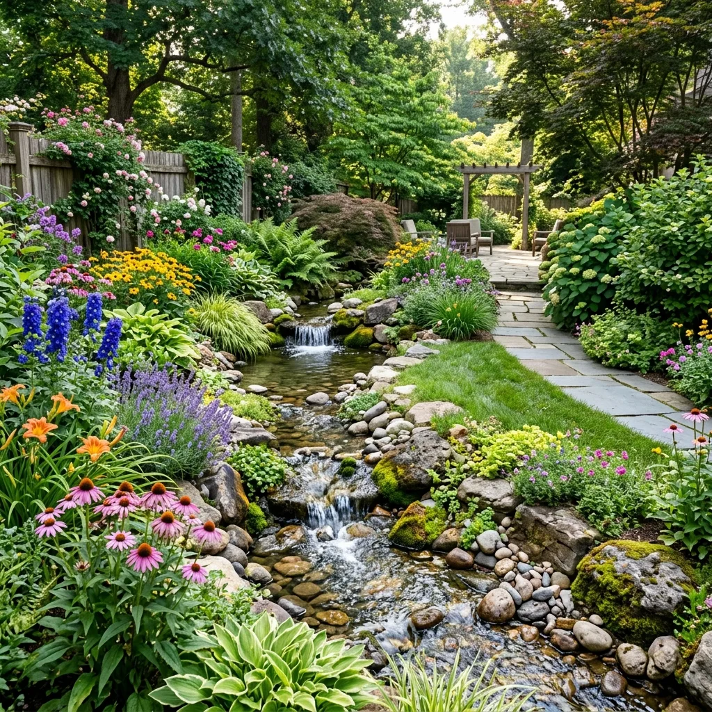 Garden creek stream with flowers
