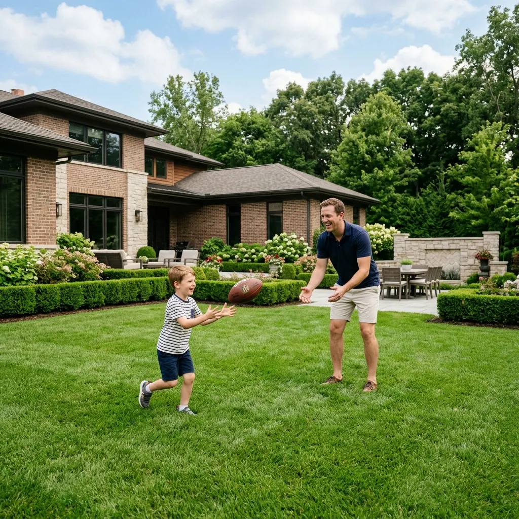 Father and son playing football on green lawn
