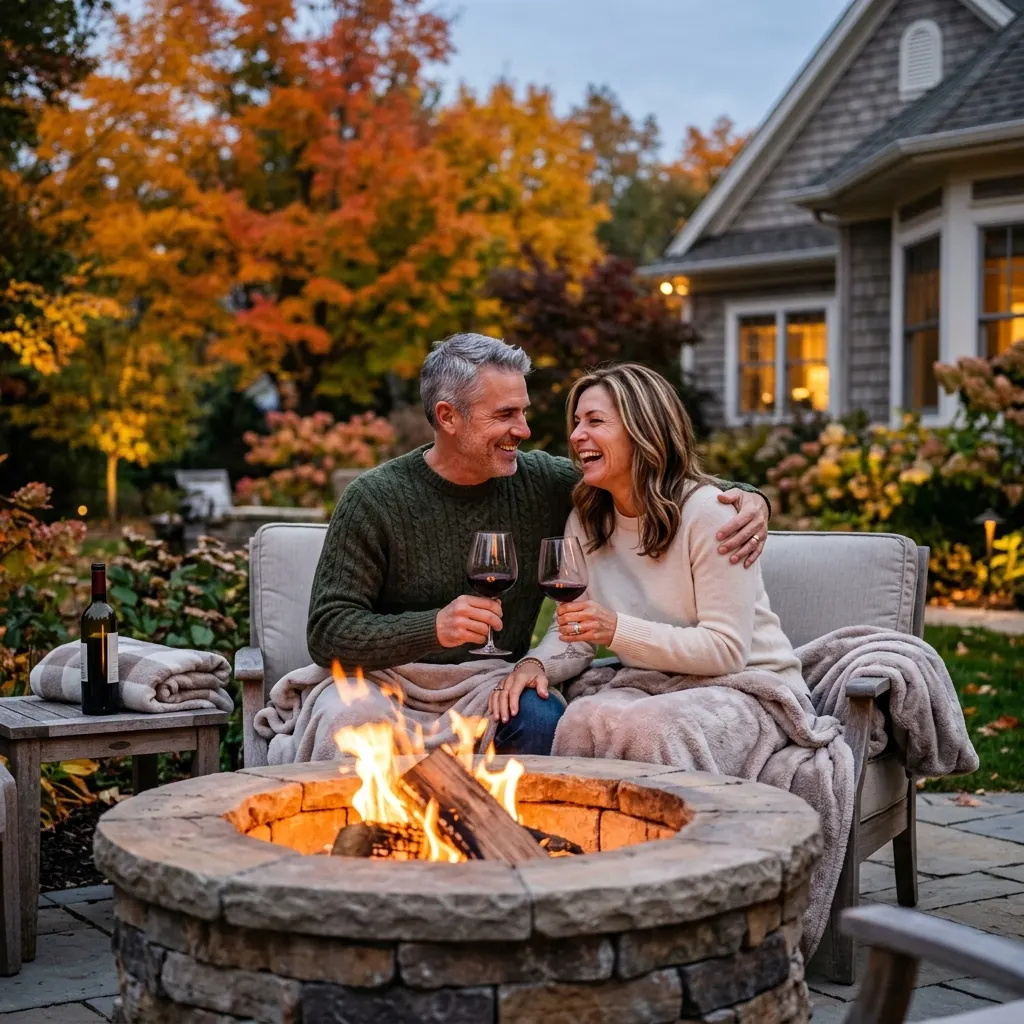 Couple relaxing by stone firepit at dusk