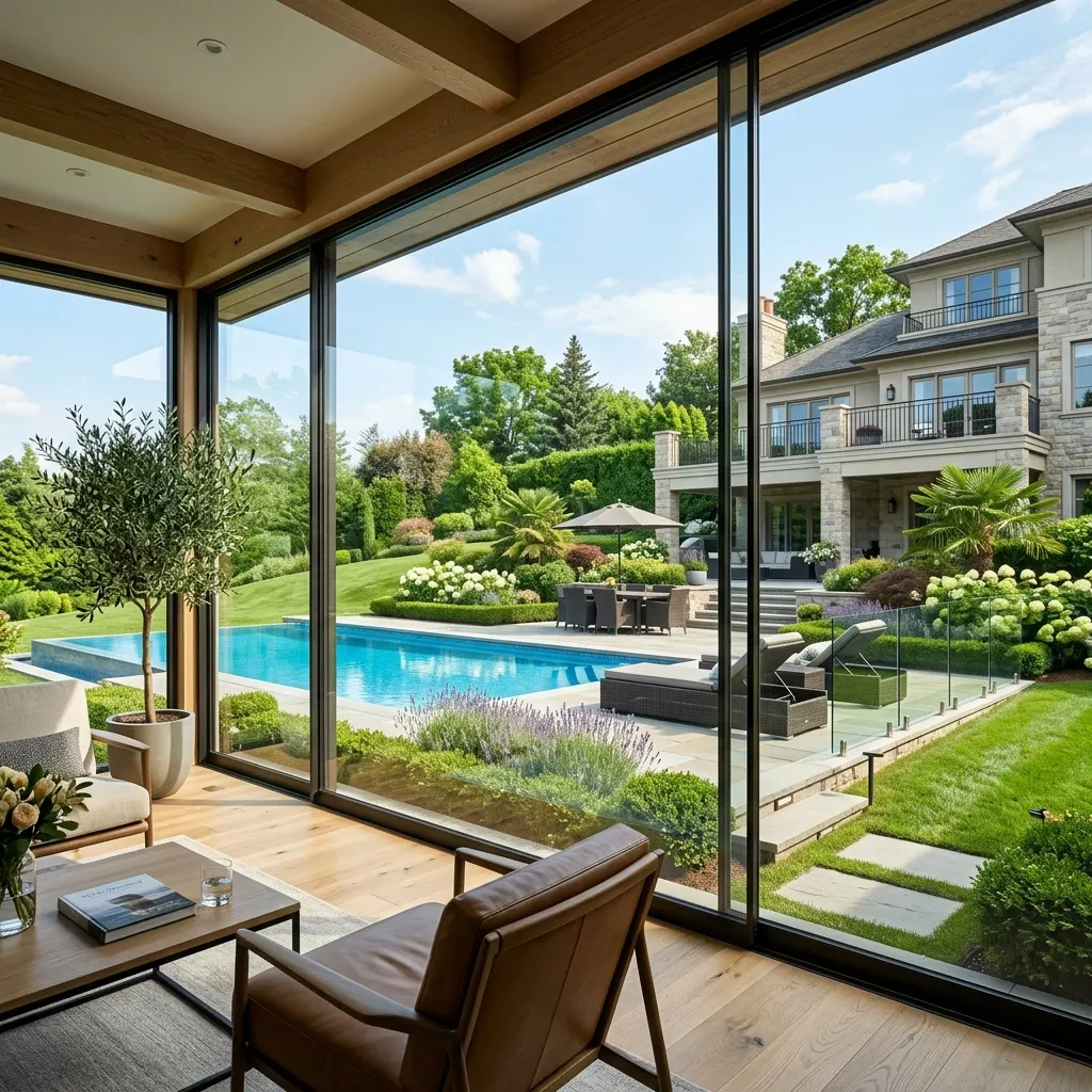 View from sunroom into pool and manicured backyard