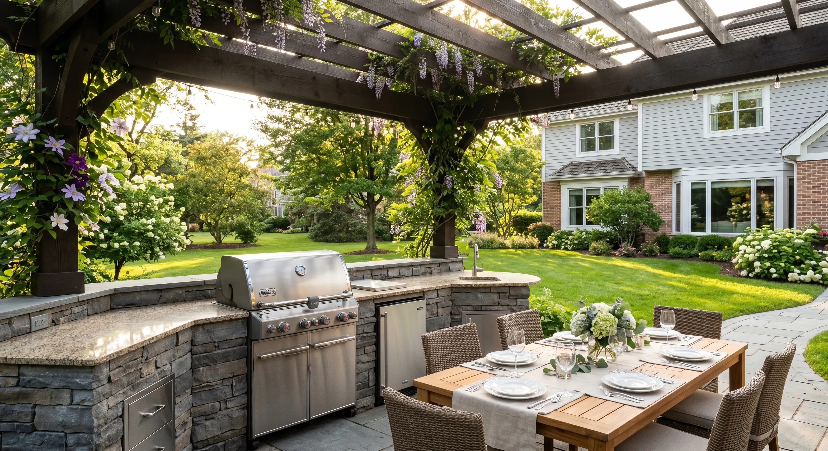 Outdoor kitchen with pergola in summer