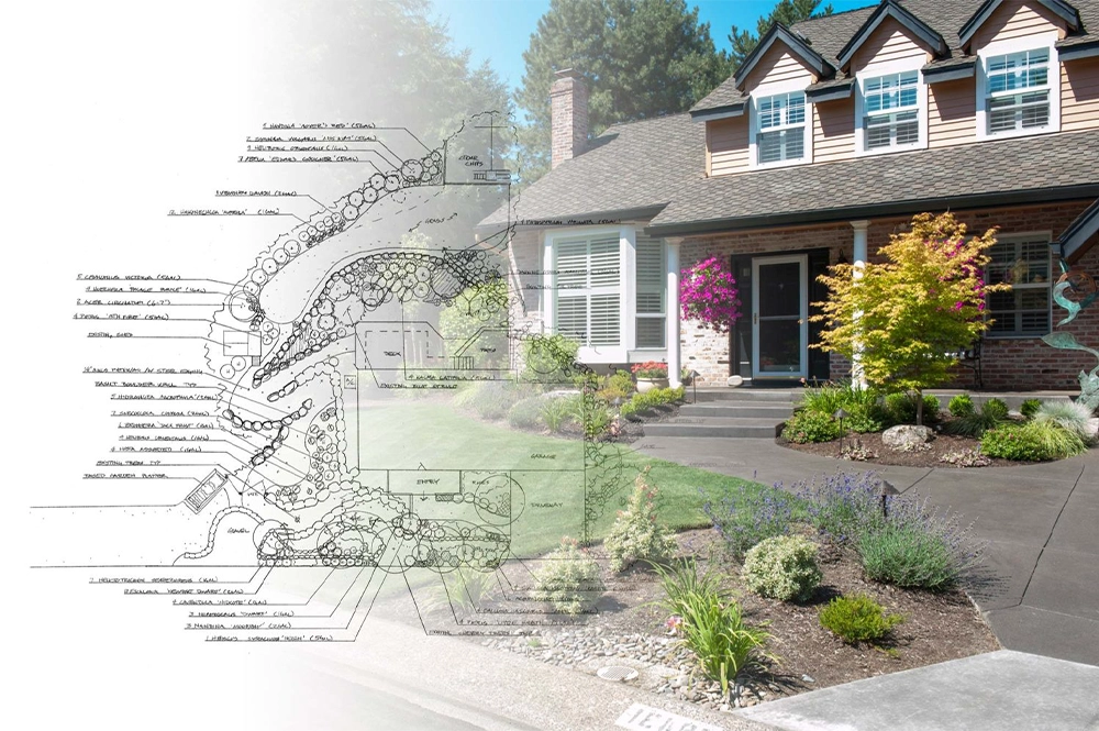 Landscape design blueprint showing before and after property transformation